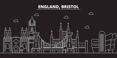 Bristol siluet manzarası. Büyük Britanya - Bristol vektör şehir, İngiliz doğrusal mimarisi, binalar. Bristol seyahat illüstrasyon, anahat yerler. Büyük Britanya'nın düz simgesi, İngiliz hat afiş
