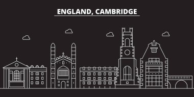 Cambridge siluet manzarası. Büyük Britanya - Cambridge vektör şehir, İngiliz doğrusal mimarisi. Cambridge seyahat illüstrasyon, anahat yerler. Büyük Britanya'nın düz simgesi, İngiliz hat afiş