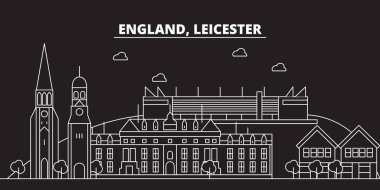 Leicester siluet manzarası. Büyük Britanya - Leicester vektör şehir, İngiliz doğrusal mimarisi. Leicester seyahat illüstrasyon, anahat yerler. Büyük Britanya'nın düz simgesi, İngiliz hat afiş