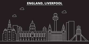 Liverpool siluet manzarası. Büyük Britanya - Liverpool vektör şehir, İngiliz doğrusal mimarisi. Liverpool satır seyahat illüstrasyon, yerler. Büyük Britanya'nın düz simgesi, İngiliz anahat tasarım afiş