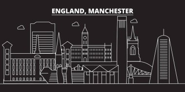Manchester siluet manzarası. Büyük Britanya - Manchester vektör şehir, İngiliz doğrusal mimarisi. Manchester seyahat illüstrasyon, anahat yerler. Büyük Britanya'nın düz simgesi, İngiliz hat afiş