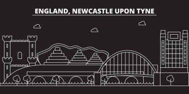 Newcastle upon Tyne siluet manzarası. Büyük Britanya - Newcastle upon Tyne vektör şehir, İngiliz doğrusal mimari, seyahat illüstrasyon, anahat yerler. Büyük Britanya'nın simgesi, İngiliz hat afiş