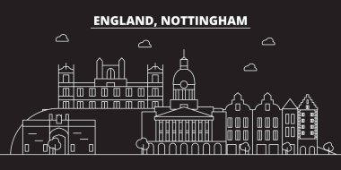 Nottingham siluet manzarası. Büyük Britanya - Nottingham vektör şehir, İngiliz doğrusal mimarisi. Nottingham seyahat illüstrasyon, anahat yerler. Büyük Britanya'nın düz simgesi, İngiliz hat afiş