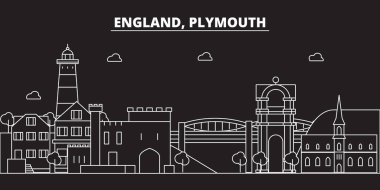 Plymouth siluet manzarası. Büyük Britanya - Plymouth vektör şehir, İngiliz doğrusal mimarisi. Plymouth seyahat illüstrasyon, anahat yerler. Büyük Britanya'nın düz simgesi, İngiliz hat afiş