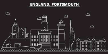 Portsmouth siluet manzarası. Büyük Britanya - Portsmouth vektör şehir, İngiliz doğrusal mimarisi. Portsmouth seyahat illüstrasyon, anahat yerler. Büyük Britanya'nın düz simgesi, İngiliz hat afiş