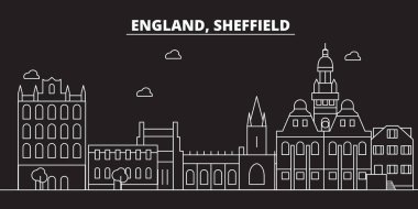 Sheffield siluet manzarası. Büyük Britanya - Sheffield vektör şehir, İngiliz doğrusal mimarisi. Sheffield seyahat illüstrasyon, anahat yerler. Büyük Britanya'nın düz simgesi, İngiliz hat afiş