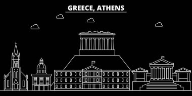 Atina siluet manzarası. Yunanistan - Atina vektör şehir, Yunan doğrusal mimarisi, binalar. Atina seyahat illüstrasyon, anahat yerler. Yunanistan düz simgesi, Yunan hat afiş