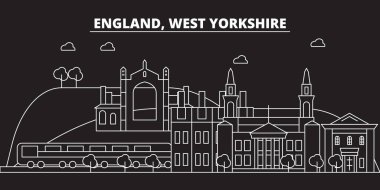West Yorkshire siluet manzarası. Büyük Britanya - West Yorkshire vektör şehir, İngiliz doğrusal mimari, seyahat illüstrasyon, anahat yerler. Büyük Britanya'nın düz simgesi, İngiliz hat afiş
