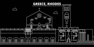 Rhodes siluet manzarası. Yunanistan - Rhodes vektör şehir, Yunan doğrusal mimarisi, binalar. Rhodes seyahat illüstrasyon, anahat yerler. Yunanistan düz simgesi, Yunan hat afiş