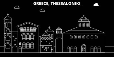 Thessaloniki siluet manzarası. Yunanistan - Thessaloniki vektör şehir, Yunan doğrusal mimarisi, binalar. Thessaloniki seyahat illüstrasyon, anahat yerler. Yunanistan düz simgesi, Yunan hat afiş