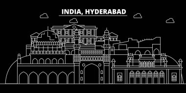 Hyderabad siluet manzarası. Hindistan - Hyderabad vektör şehir, Hint doğrusal mimarisi, binalar. Hyderabad seyahat illüstrasyon, anahat yerler. Hindistan düz simgesi, Hint hat afiş