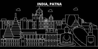 Patna siluet manzarası. Hindistan - Patna vektör şehir, Hint doğrusal mimarisi, binalar. Patna seyahat illüstrasyon, anahat yerler. Hindistan düz simgesi, Hint hat afiş