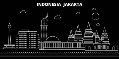 Jakarta siluet manzarası. Endonezya - Jakarta vektör şehir, Endonezya doğrusal mimarisi, binalar. Jakarta seyahat illüstrasyon, anahat yerler. Endonezya düz simgesi, Endonezya hat afiş
