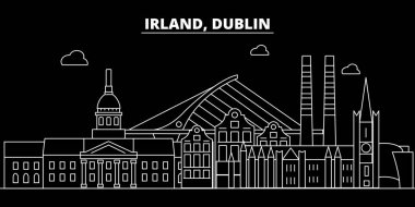 Dublin siluet manzarası. İrlanda - Dublin vektör şehir, İrlandalı doğrusal mimarisi, binalar. Dublin seyahat illüstrasyon, anahat yerler. İrlanda düz simgesi, İrlandalı hat afiş