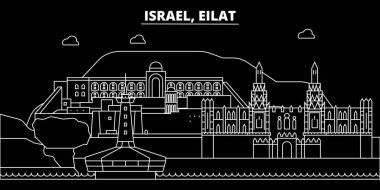 Eilat siluet manzarası. İsrail - Eilat vektör şehir, İsrail doğrusal mimarisi, binalar. Eilat seyahat illüstrasyon, anahat yerler. İsrail düz simgesi, İsrail hat afiş