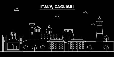 Cagliari siluet manzarası. İtalya - Cagliari vektör şehir, İtalyan doğrusal mimarisi, binalar. Cagliari Seyahat illüstrasyon, anahat yerler. İtalya düz simgesi, İtalyan hat afiş