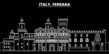 Ferrara siluet manzarası. İtalya - Ferrara vektör şehir, İtalyan doğrusal mimarisi, binalar. Ferrara Seyahat illüstrasyon, anahat yerler. İtalya düz simgesi, İtalyan hat afiş