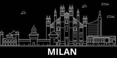 Milan siluet manzarası. İtalya - Milan vektör şehir, İtalyan doğrusal mimarisi, binalar. Milan seyahat illüstrasyon, anahat yerler. İtalya düz simgesi, İtalyan hat afiş