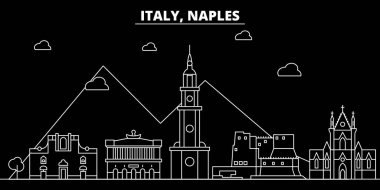 Napoli siluet manzarası. İtalya - Napoli vektör şehir, İtalyan doğrusal mimarisi, binalar. Napoli seyahat illüstrasyon, anahat yerler. İtalya düz simgesi, İtalyan hat afiş