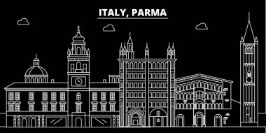 Parma siluet manzarası. İtalya - Parma vektör şehir, İtalyan doğrusal mimarisi, binalar. Parma seyahat illüstrasyon, anahat yerler. İtalya düz simgesi, İtalyan hat afiş