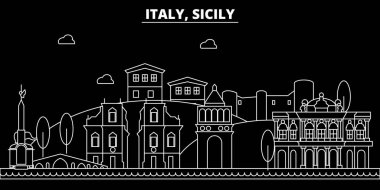 Sicilya siluet manzarası. İtalya - Sicilya vektör şehir, İtalyan doğrusal mimarisi, binalar. Sicilya seyahat illüstrasyon, anahat yerler. İtalya düz simgesi, İtalyan hat afiş