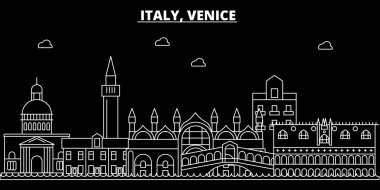 Venedik siluet manzarası. İtalya - Venedik vektör şehir, İtalyan doğrusal mimarisi, binalar. Venedik seyahat illüstrasyon, anahat yerler. İtalya düz simgesi, İtalyan hat afiş