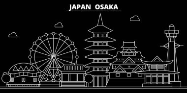 Osaka siluet manzarası. Japonya - Osaka vektör şehir, Japon doğrusal mimarisi, binalar. Osaka Seyahat illüstrasyon, anahat yerler. Japonya düz simgesi, Japon hat afiş