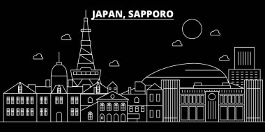 Sapporo siluet manzarası. Japonya - Sapporo vektör şehir, Japon doğrusal mimarisi, binalar. Sapporo seyahat illüstrasyon, anahat yerler. Japonya düz simgesi, Japon hat afiş