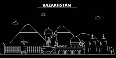Kazakistan silueti silueti silueti. Kazakistan - Alma-ata, Astana vektör şehri, Kazak doğrusal mimarisi, çizgi seyahat illüstrasyonu, dönüm noktaları. Kazakistan düz simgesi, Kazak ana hatlı tasarım pankartı