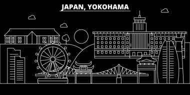 Yokohama siluet manzarası. Japonya - Yokohama vektör şehir, Japon doğrusal mimarisi, binalar. Yokohama seyahat illüstrasyon, anahat yerler. Japonya düz simgesi, Japon hat afiş