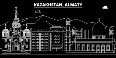 Almatı siluet manzarası. Kazakistan - Almatı vektör şehir, kazak doğrusal mimarisi, binalar. Almaty seyahat illüstrasyon, anahat yerler. Kazakistan düz simgesi, kazak hat afiş