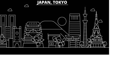 Tokyo şehir silueti manzarası. Japonya - Tokyo şehir vektör şehir, Japon doğrusal mimarisi, binalar. Tokyo şehir seyahat illüstrasyon, anahat yerler. Japonya düz simgesi, Japon hat afiş