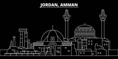 Amman siluet manzarası. Ürdün - Amman vektör şehir, jordian doğrusal mimarisi, binalar. Amman seyahat illüstrasyon, anahat yerler. Jordan düz simgesi, jordian hat afiş
