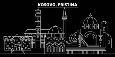 Priştine siluet manzarası. Kosova - Priştine vektör şehir, kosovan doğrusal mimarisi, binalar. Priştine seyahat illüstrasyon, anahat yerler. Kosova düz simgesi, kosovan hat afiş