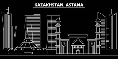 Astana siluet manzarası. Kazakistan - Astana vektör şehir, kazak doğrusal mimarisi, binalar. Astana seyahat illüstrasyon, anahat yerler. Kazakistan düz simgesi, kazak hat afiş