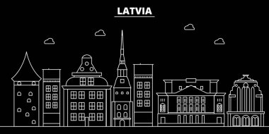 Letonya siluet manzarası, vektör şehir, Letonca doğrusal mimarisi, binalar. Letonya seyahat illüstrasyon, anahat landmarkflat simgesi, Letonca hat afiş