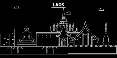 Laos siluet manzarası, vektör şehir, lao doğrusal mimarisi, binalar. Laos seyahat illüstrasyon, anahat landmarkflat simgesi, lao hat afiş