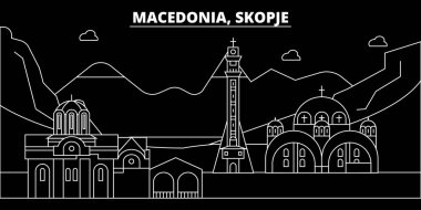 Skopje siluet manzarası. Makedonya - Skopje vektör şehir, Makedon doğrusal mimarisi, binalar. Skopje seyahat illüstrasyon, anahat yerler. Makedonya düz simgesi, Makedon hat afiş
