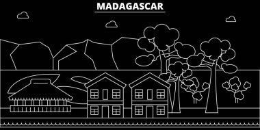 Madagaskar siluet manzarası, vektör şehir, Madagaskar doğrusal mimarisi, binalar. Madagaskar seyahat illüstrasyon, anahat landmarkflat simgesi, Madagaskar hat afiş