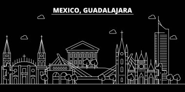 Guadalajara siluet manzarası. Meksika - Guadalajara vektör city, Meksika doğrusal mimarisi, binalar. Guadalajara seyahat illüstrasyon, anahat yerler. Meksika düz simgesi, Meksika hat afiş