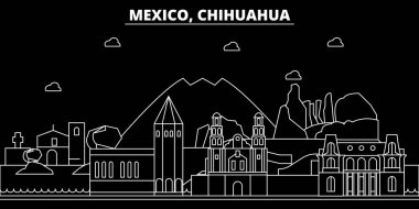 Chihuahua siluet manzarası. Meksika - Chihuahua vektör city, Meksika doğrusal mimarisi, binalar. Chihuahua seyahat illüstrasyon, anahat yerler. Meksika düz simgesi, Meksika hat afiş