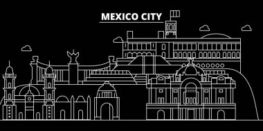 Meksika siluet manzarası, vektör city, Meksika doğrusal mimarisi, binalar. Meksika seyahat illüstrasyon, anahat landmarkflat simgesi, Meksika hat afiş