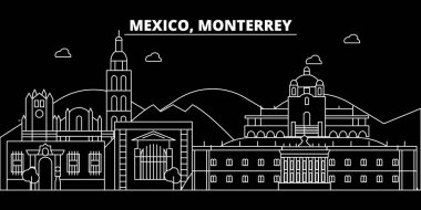 Monterrey siluet manzarası. Meksika - Monterrey vektör city, Meksika doğrusal mimarisi, binalar. Monterrey seyahat illüstrasyon, anahat yerler. Meksika düz simgesi, Meksika hat afiş
