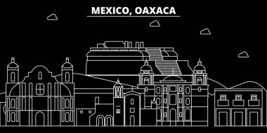 Oaxaca siluet manzarası. Meksika - Oaxaca vektör city, Meksika doğrusal mimarisi, binalar. Oaxaca seyahat illüstrasyon, anahat yerler. Meksika düz simgesi, Meksika hat afiş