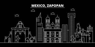 Zapopan siluet manzarası. Meksika - Zapopan vektör city, Meksika doğrusal mimarisi, binalar. Zapopan seyahat illüstrasyon, anahat yerler. Meksika düz simgesi, Meksika hat afiş