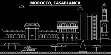 Casablanca siluet manzarası. Fas - Casablanca vektör şehir, Fas doğrusal mimarisi, binalar. Casablanca seyahat illüstrasyon, anahat yerler. Fas düz simgesi, Fas hat afiş