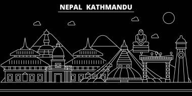 Katmandu siluet manzarası. Nepal - Katmandu vektör şehir, Nepal doğrusal mimarisi, binalar. Katmandu seyahat illüstrasyon, anahat yerler. Nepal düz simgesi, Nepal hat afiş