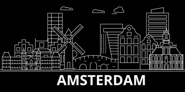 Amsterdam siluet manzarası. Hollanda - Amsterdam vektör şehir, Hollandalı doğrusal mimarisi, binalar. Amsterdam seyahat illüstrasyon, anahat yerler. Hollanda düz simgesi, Hollandalı hat afiş