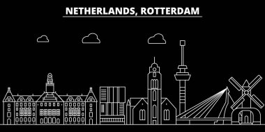 Rotterdam siluet manzarası. Hollanda - Rotterdam vektör şehir, Hollandalı doğrusal mimarisi, binalar. Rotterdam seyahat illüstrasyon, anahat yerler. Hollanda düz simgesi, Hollandalı hat afiş