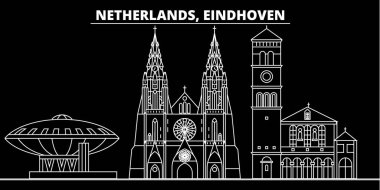 Eindhoven siluet manzarası. Hollanda - Eindhoven vektör şehir, Hollandalı doğrusal mimarisi, binalar. Eindhoven Seyahat illüstrasyon, anahat yerler. Hollanda düz simgesi, Hollandalı hat afiş